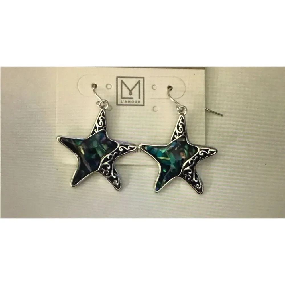 Pretty New Silver & Genuine Abalone Shell Starfish Dangle Earrings